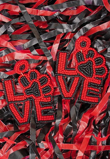 'Love' Paw Red and Black Seed Bead Earrings